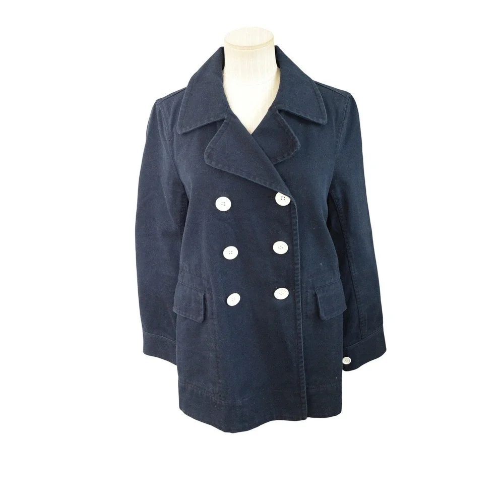 J.Crew Twill Pea Coat 6 Navy Blue Double Breasted White Button Cotton Womens - Picture 1 of 5